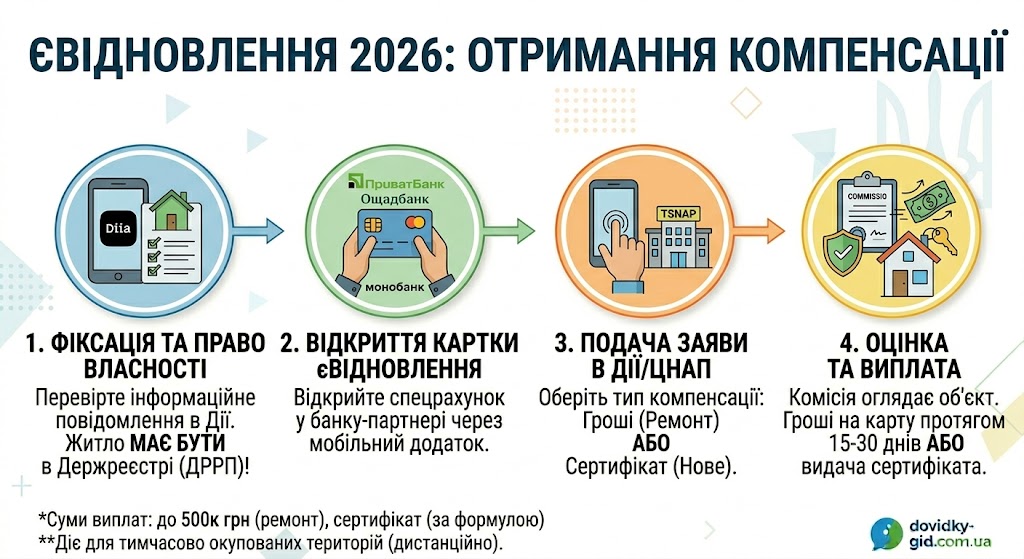 Інфографіка: Покрокова схема отримання компенсації за програмою єВідновлення у 2026 році. 4 етапи: фіксація в Дії, відкриття картки, подача заяви та виплата (гроші на ремонт або житловий сертифікат). Логотип dovidky-gid.com.ua.