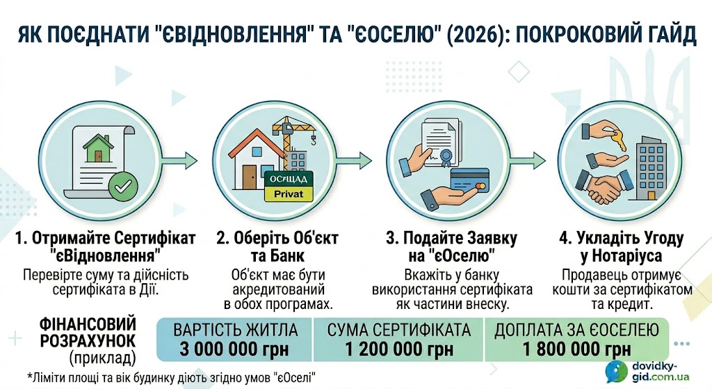 Інфографіка: Покроковий гайд поєднання сертифіката єВідновлення та іпотеки єОселя у 2026 році. Схема використання сертифіката як першого внеску, вибір об'єкта та фінансовий розрахунок доплати. Логотип dovidky-gid.com.ua.